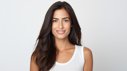 portrait of an attractive female in her 30s with long black hair isolated against a white background