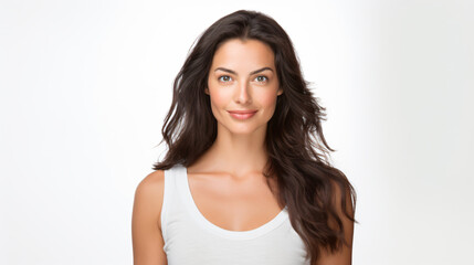 portrait of an attractive female in her 30s with long brown hair isolated against a white background