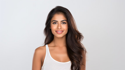 portrait of an attractive indian female in her 30s with long brown hair isolated against a white background
