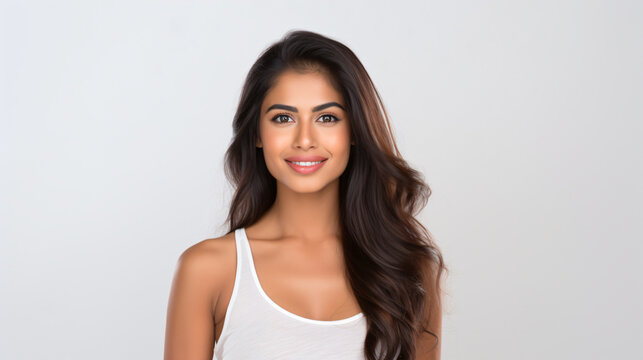 portrait of an attractive indian female in her 30s with long brown hair isolated against a white background
