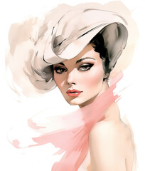 Beautiful fashionable young woman in evening dress and hat, fashion sketch illustration style