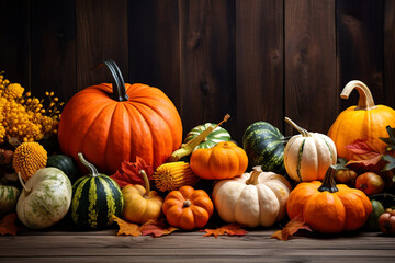 Large Collection of Different Pumpkin Varieties in Rustic Setting for Fall and Thanksgiving. High quality photo