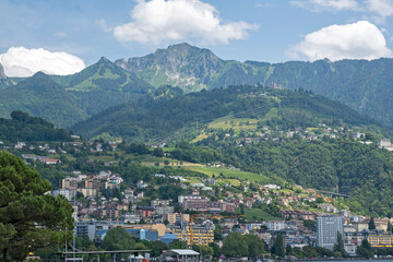 Fototapeta na wymiar Panorama of Embankment of town of Montreux, Switzerland