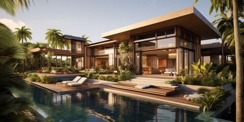 modern luxury home next to a small tropical pool Generative AI