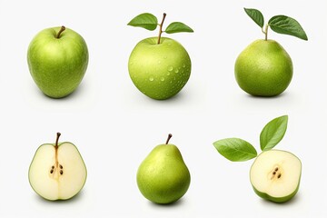 Set of green apples and pears isolated on white background.