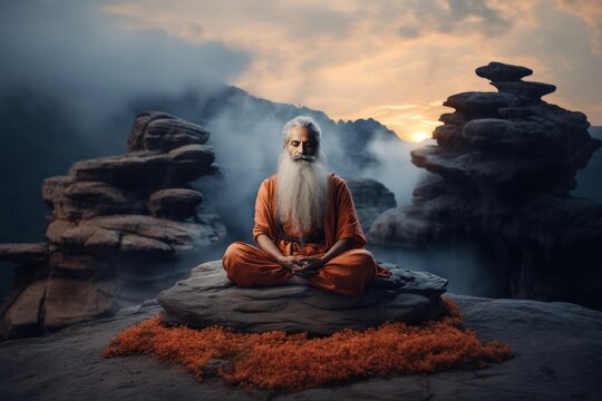 Indian Guru. Sadhu Meditation on a Mountain.  Meditation. Yoga. A man with a long white beard sitting on a rock.  Old Indian Guru Meditation. Yoga Teacher. Guru. Background with a copy space. 