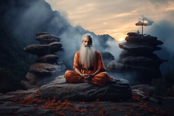 Indian Guru. Sadhu Meditation on a Mountain.  Meditation. Yoga. A man with a long white beard sitting on a rock.  Old Indian Guru Meditation. Yoga Teacher. Guru. Hinduism. Buddhism. Wise Old Man. Sage - obrazy, fototapety, plakaty