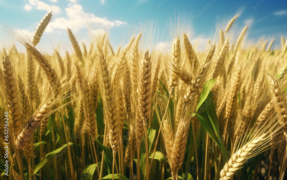 Wall mural Close up of golden wheat field under blue sky.