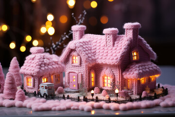 Handmade crocheted pink Christmas house decoration. 