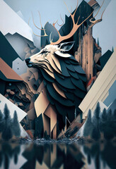 Image of a deer centered in the middle of swallowed shapes with trees in the background and a reflection in the lake.