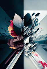 Abstract Design Divided with Colorful and Monochromatic Shaped Leaves
