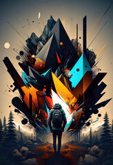 Abstract Wilderness Design Of A Man Looking At A Group Of Glowing Shapes.