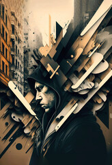 Abtract Urban Design Of A Man Centered Bewteen Buildings And Shapes.