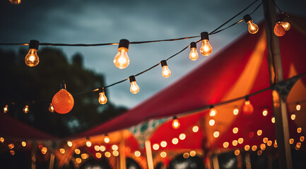 Night background in festival outdoor with colorful decoration vintage bulbs on holiday lifestyle. Abstract blur and defocused night local market festival with bokeh for background usage.   digital ai