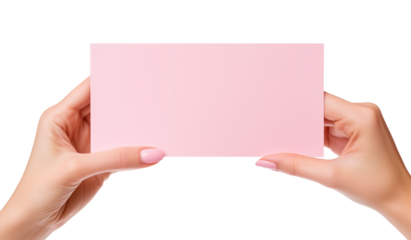 Close up women holding pink paper blank for letter paper on a transparent background. empty card, png
