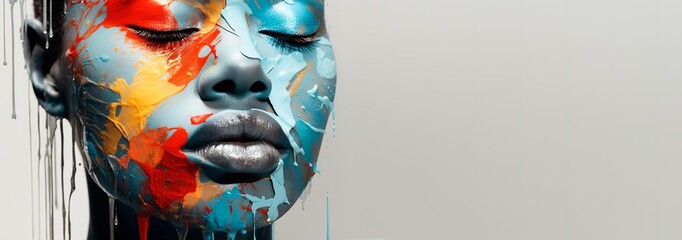 Woman face covered in abstract colorful paint. Banner with copy space