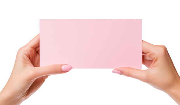 Close up women holding pink paper blank for letter paper on a transparent background. empty card, png
