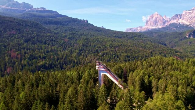 Aerial view of the Ski jumping hill of Cortina d'Ampezzo, Veneto, Italy