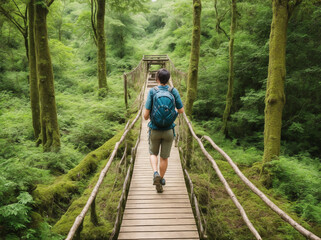 person walking on a wooden bridge in the middle of the jungle