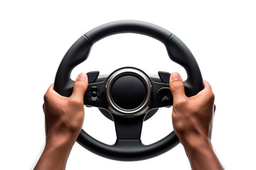 Hands holding steering wheel on white transparent background