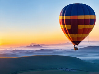 Fototapeta premium hot air balloon flying over a beautiful landscape at sunset