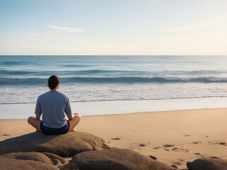 man sitting in front of the beach meditating and thinking