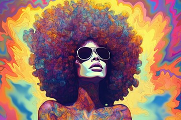 Psychedelic background of Afro American woman with colorful vibrant tones