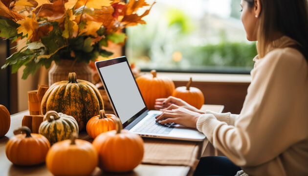 Woman typing on laptop in Autumn. Autumn pumpkins with using a laptop computer from above, digital ai

