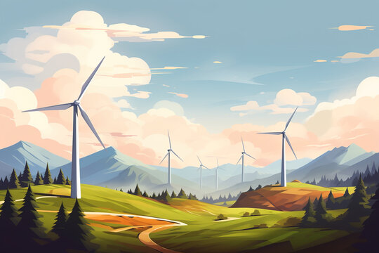 Wind turbines in the field, cartoon illustration style