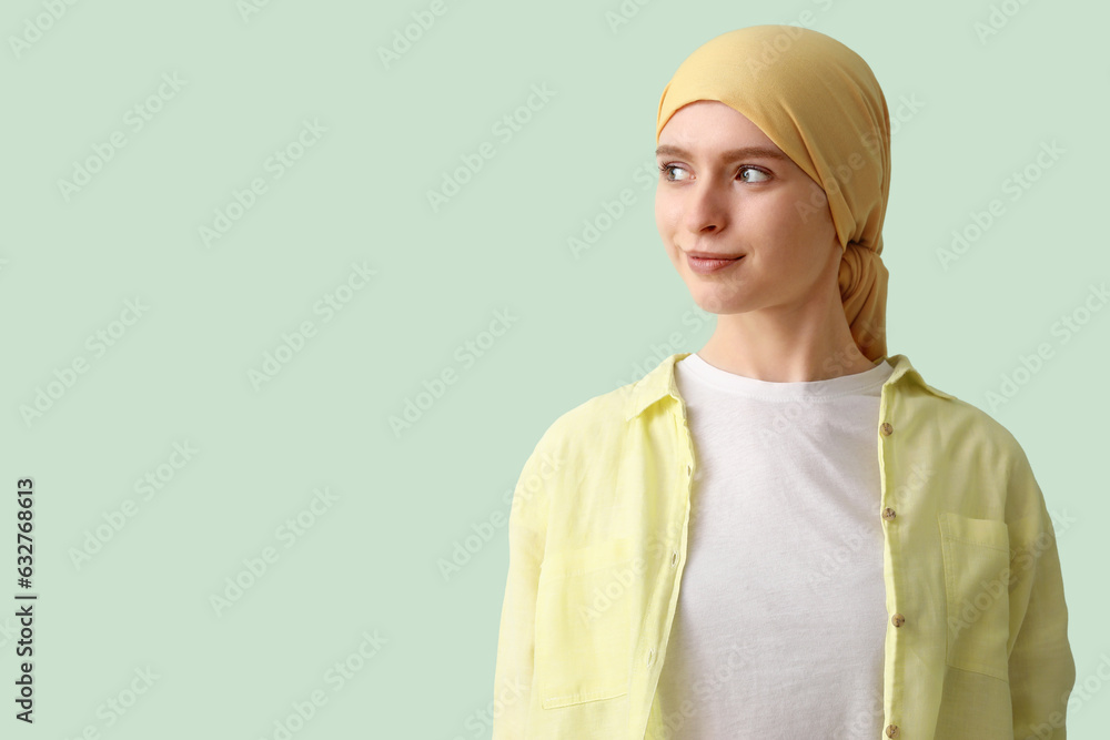 Sticker Teenage girl after chemotherapy on green background