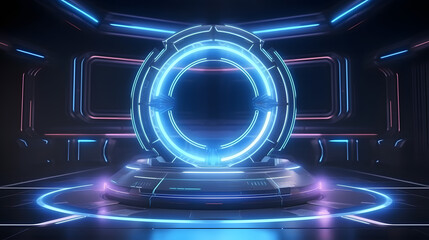 Game portal ui with hologram light technology and neon circle effect. Futuristic game technology
