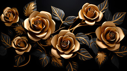 Golden roses on black background. Elegant golden roses flowers wall art  © Clipart Collectors