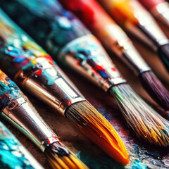 Fototapeta premium Arranged used paint brushes,watercolor painting tool.generative AI