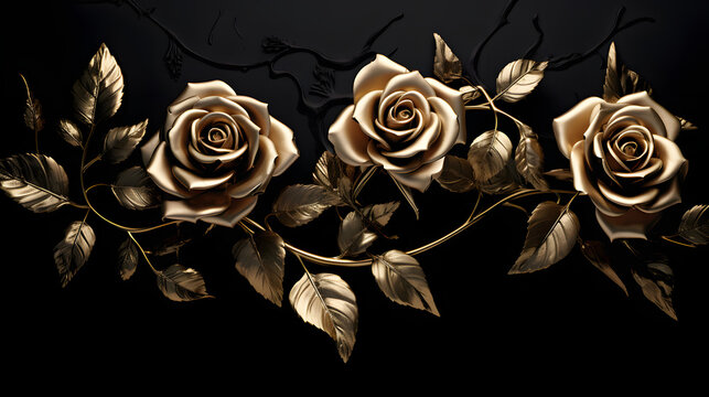 Golden roses on black background. Elegant golden roses flowers wall art
