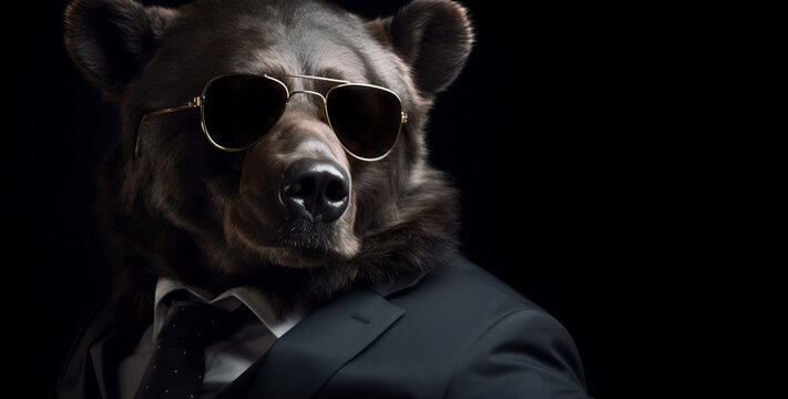 Huge Boss - close portrait of serious bear in suit and sunglasses. Leader of russian mafia - thieves in law, criminal authority. Copy space. Generative AI