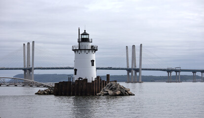 sleepy hollow lighthouse (tarrytown, tappan zee) in the hudson river (mario cuomo bridge) white...