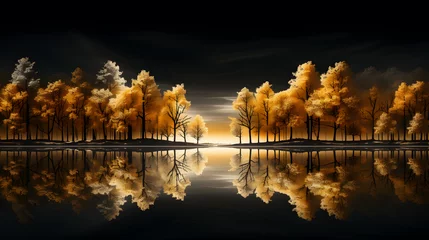 Papier Peint photo Réflexion Golden trees reflected in lake on black sky background. Modern canvas art with golden yellow forest  