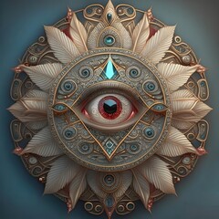 A piece of jewelry, a place for a hidden camera. The Order of the All-seeing Eye. Rosette, arabesques, ornament in the background.
