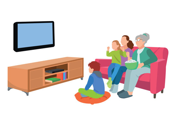 Happy family watching television together in living room. Family illustration in cartoon style