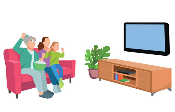 Happy family watching television together in living room. Family illustration in cartoon style
