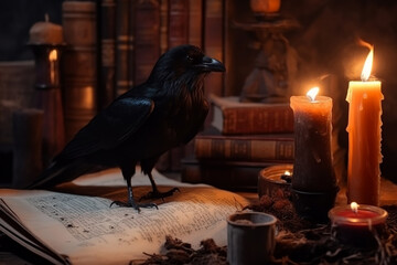 The black raven in the witch's hut. Spell books, candles. Halloween theme.