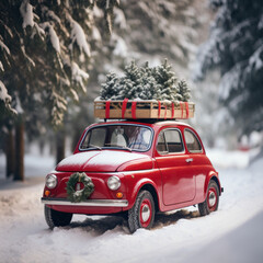 Christmas travel red car with boxes and gifts