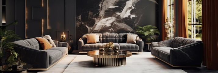 luxury living room design with gold and white furniture Generative AI