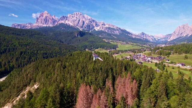 Aerial view of the Ski jumping hill of Cortina d'Ampezzo, Veneto, Italy