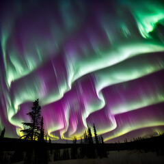 northern lights over snow-capped forest. aurora in the winter at night. Beautiful borealis winter view. generative AI