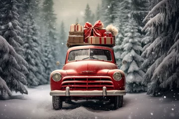 Foto op Canvas Christmas travel red car with boxes and gifts © STORYTELLER