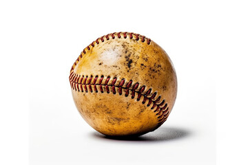 Photorealistic illustration of a worn baseball on a white background. 
This image was created using AI generative technology.	