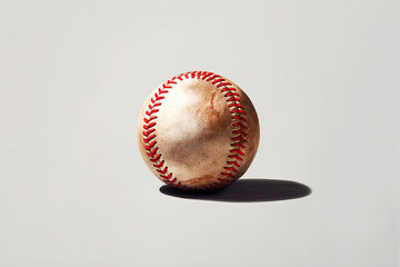 Photorealistic illustration of a worn baseball on a white background. 
This image was created using AI generative technology.	