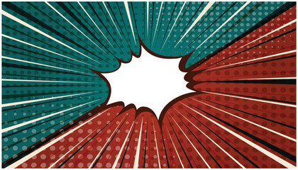 Bright aquamarine and red exploding striped versus retro comic background with dotted halftone corners. Cartoon pop art vs bubble with dark and light stripes for banner, advertising design, poster