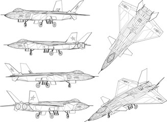 Sketch vector illustration of fully armed fighter plane design flying in the air